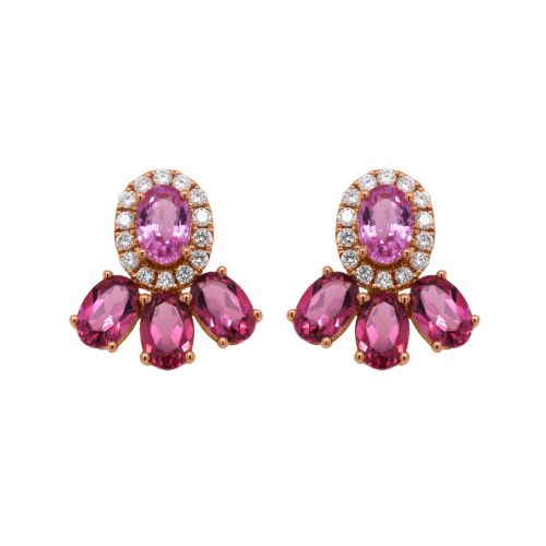 Rose gold earrings with 0.35 carats of diamonds, 3.64 carats of rhodolites, and 1.16 carats of pink sapphires