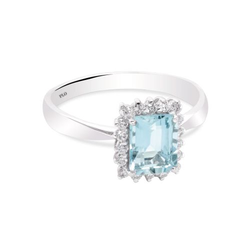 White gold ring with diamonds and aquamarine.