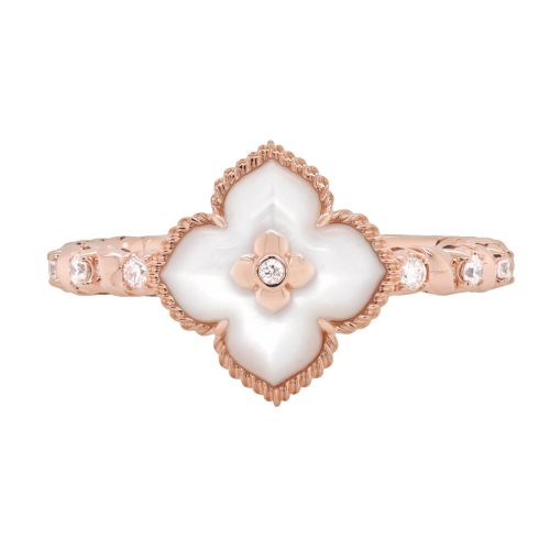 Rose gold flower ring with 0.24 carat mother-of-pearl and 0.09 carat diamond