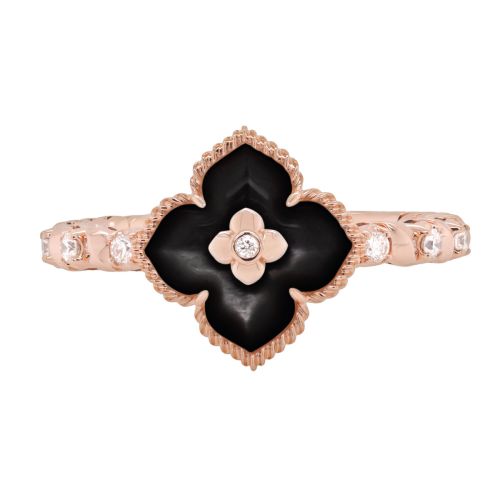 Rose gold flower ring with 0.24 carat onyx and 0.09 carat diamond