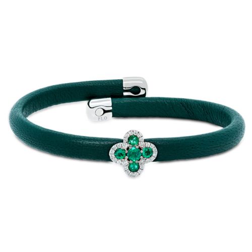 Leather bracelet with white gold, emerald and diamond details